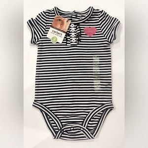 ❌SOLD❌ Carter’s 3 Months Blue and White Striped Heart Onesie NWT